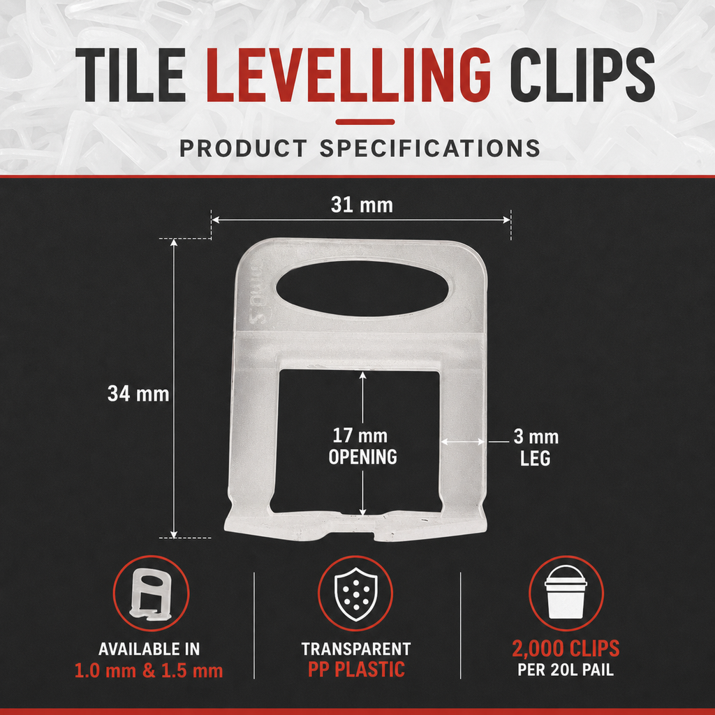 Tile levelling clip dimensions and specifications for 1.0mm and 1.5mm bases