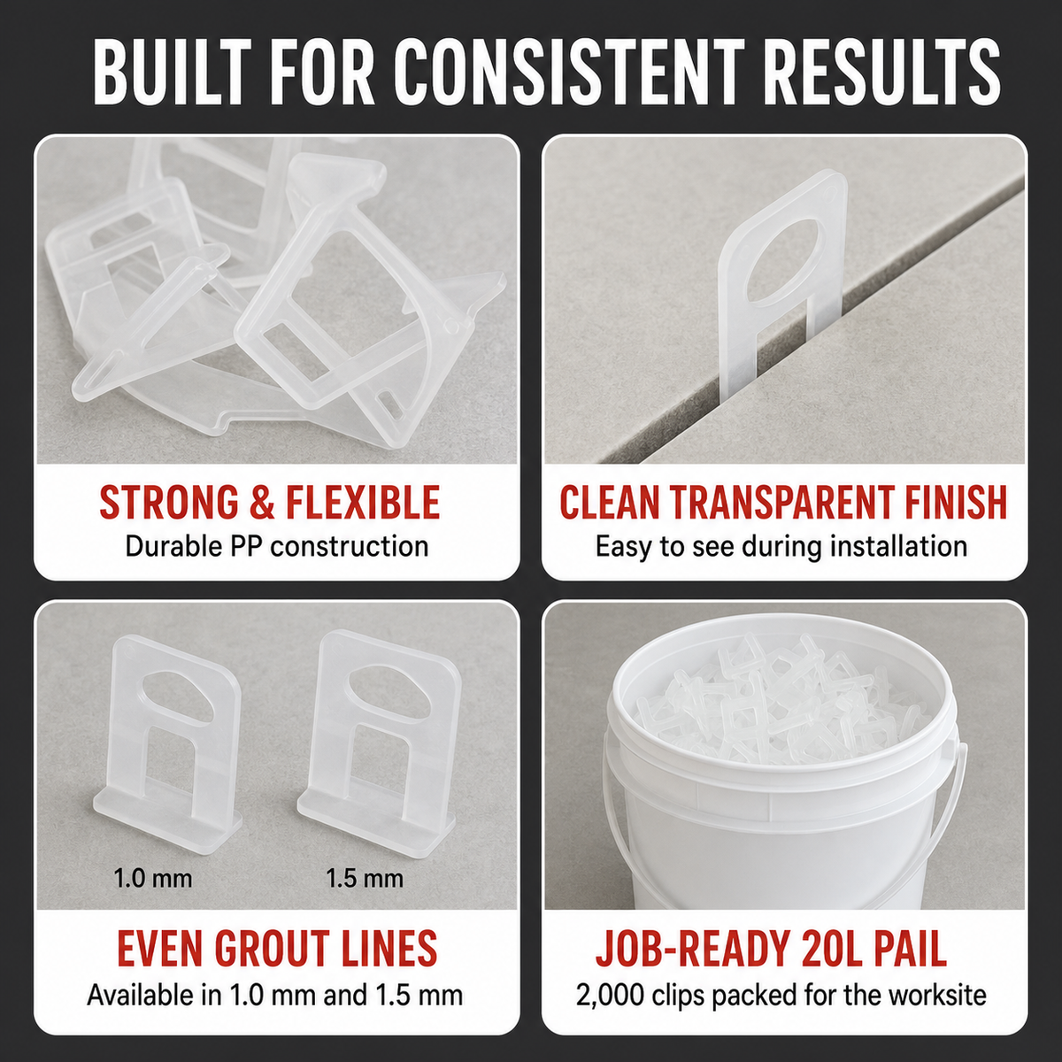 Transparent tile levelling bases shown in use and packed in a 20L pail